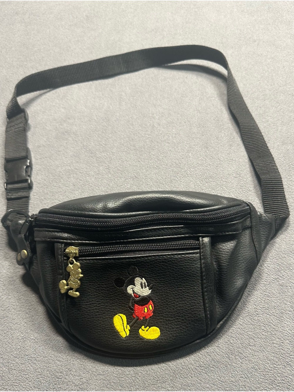Disney Black Faux Leather Mickey Embroidered Waist Bag with Gold Charm
